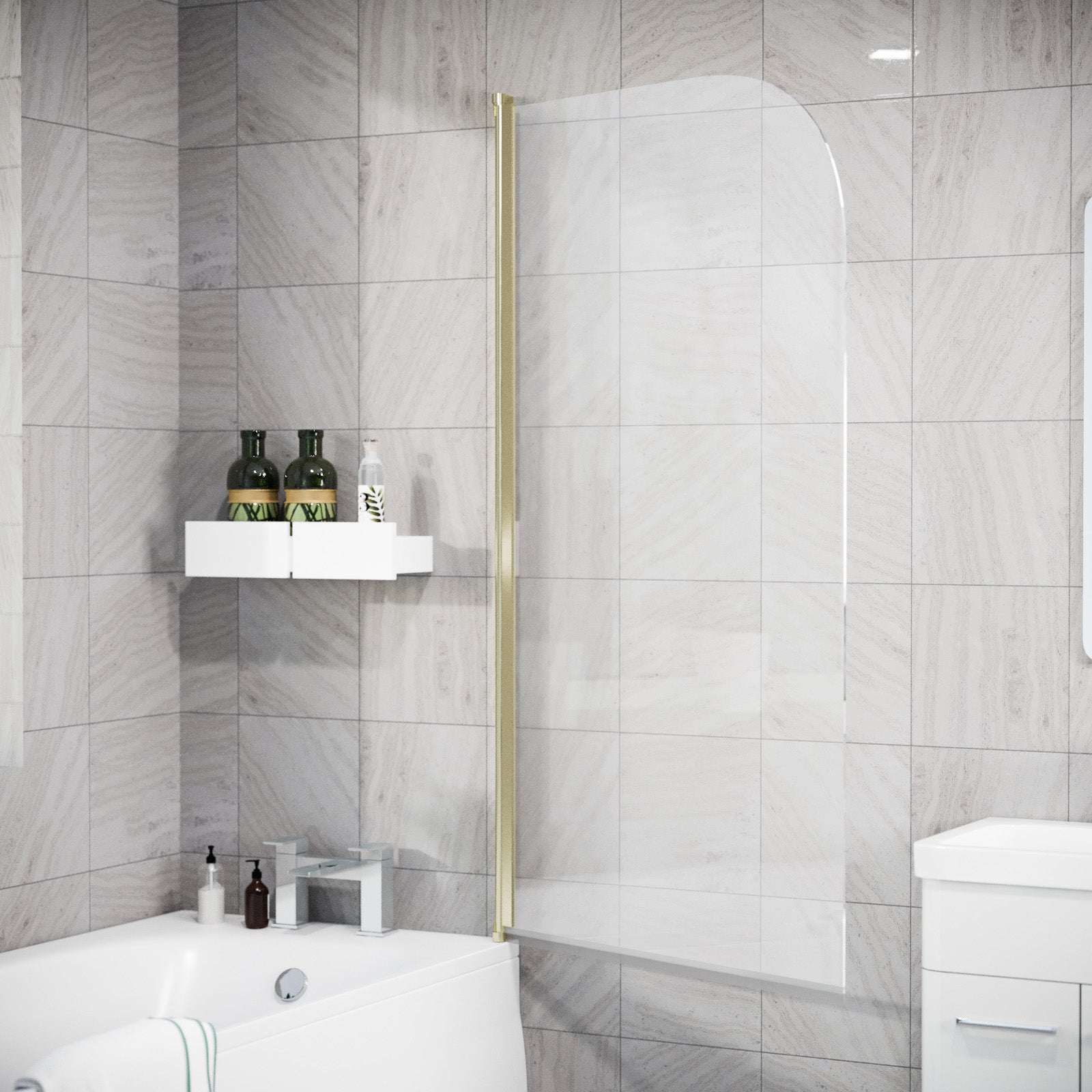 Brushed Brass 800mm Frameless Curved Pivot Bath Shower Screen Door