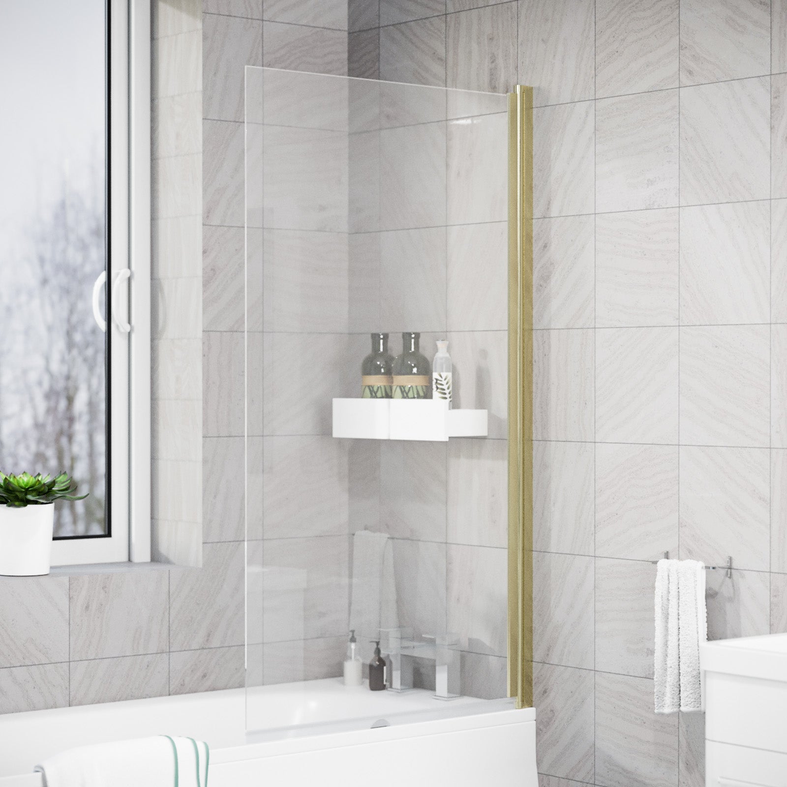 Brushed Brass 800mm Framed Pivot Swing Door Bath Screen Reversible