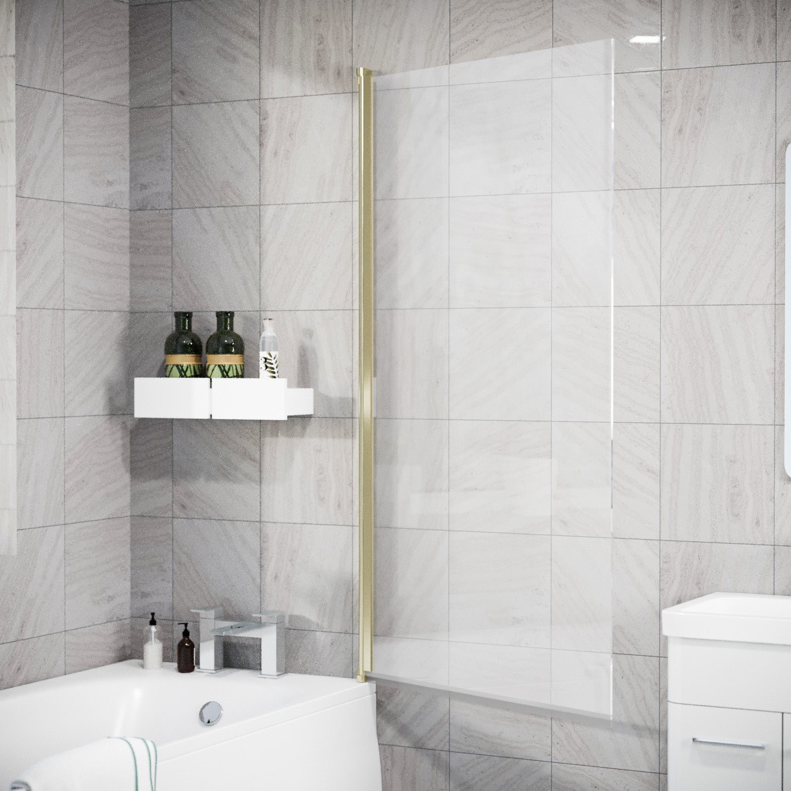 Brushed Brass 800mm Framed Pivot Swing Door Bath Screen Reversible