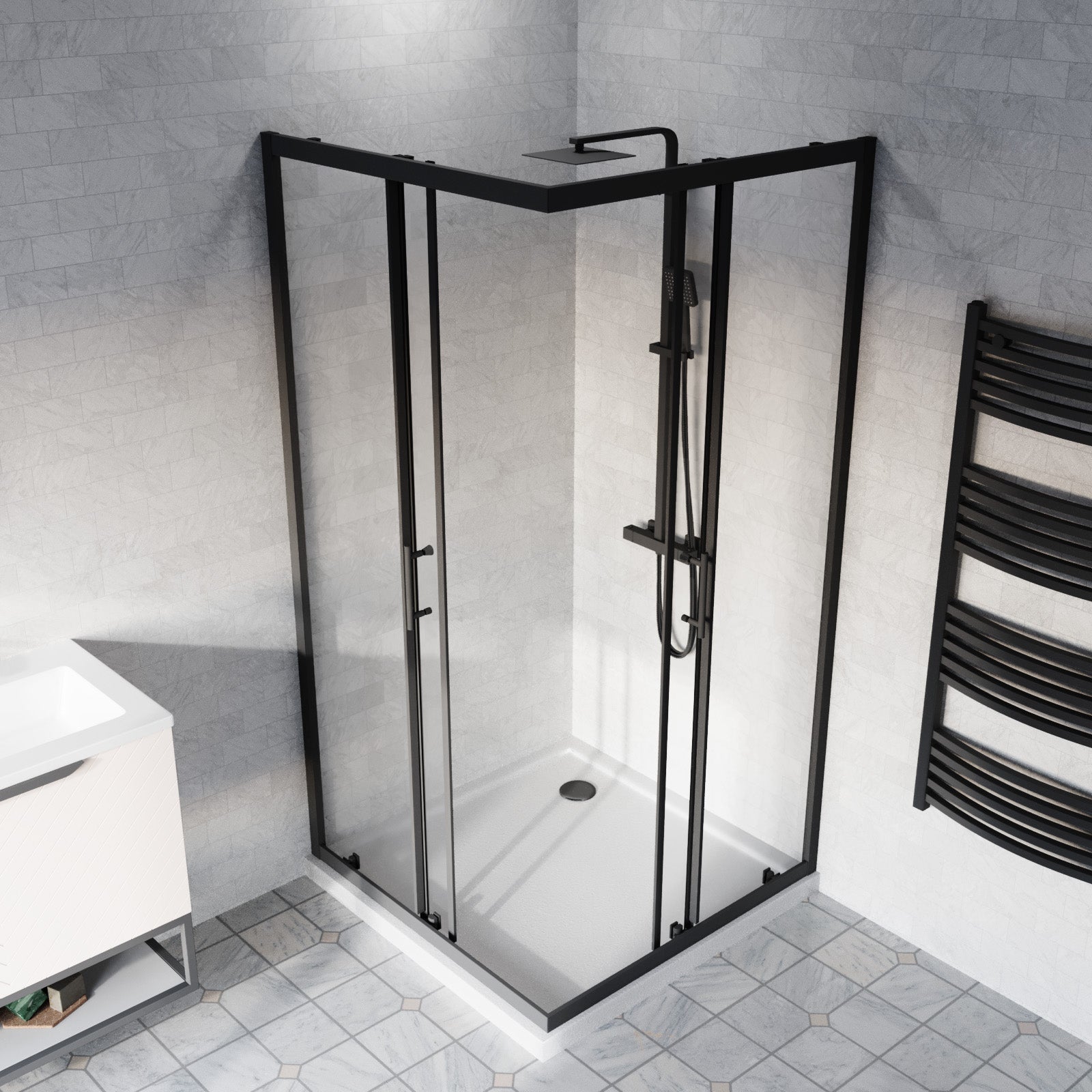 Manga 800 x 800mm Corner Entry Sliding Door Shower Enclosure With Tray Black