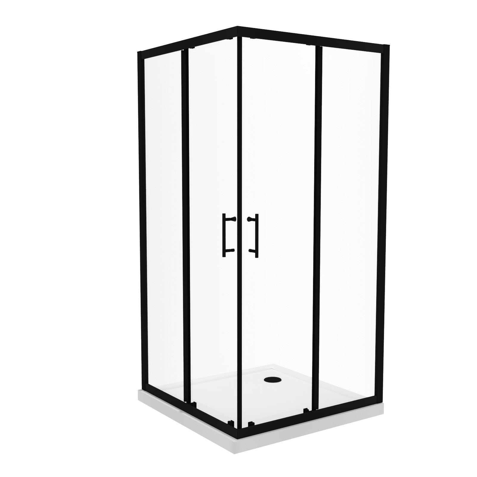 Shower enclosure with black frame and clear glass on a white background
