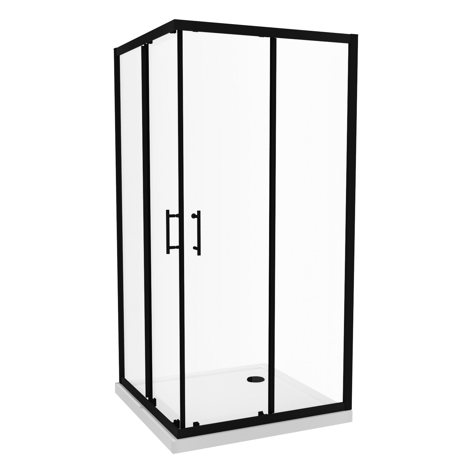 Corner shower enclosure with black frame and clear glass on a white background