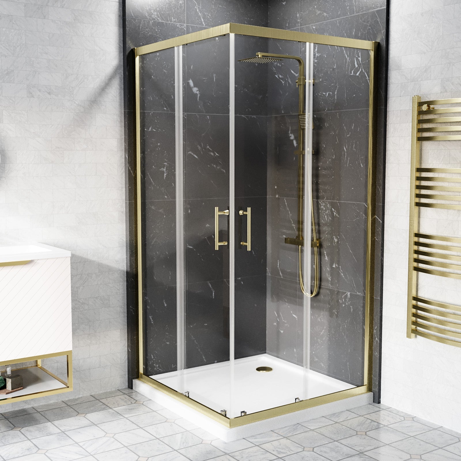 Manga 900 x 900mm Corner Entry Sliding Shower Enclosure Tray Brushed Brass