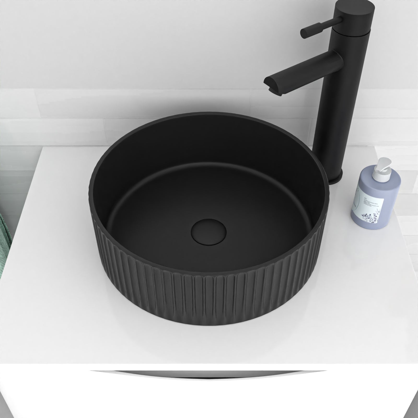 360mm Fluted Round Countertop Sink Matte Black