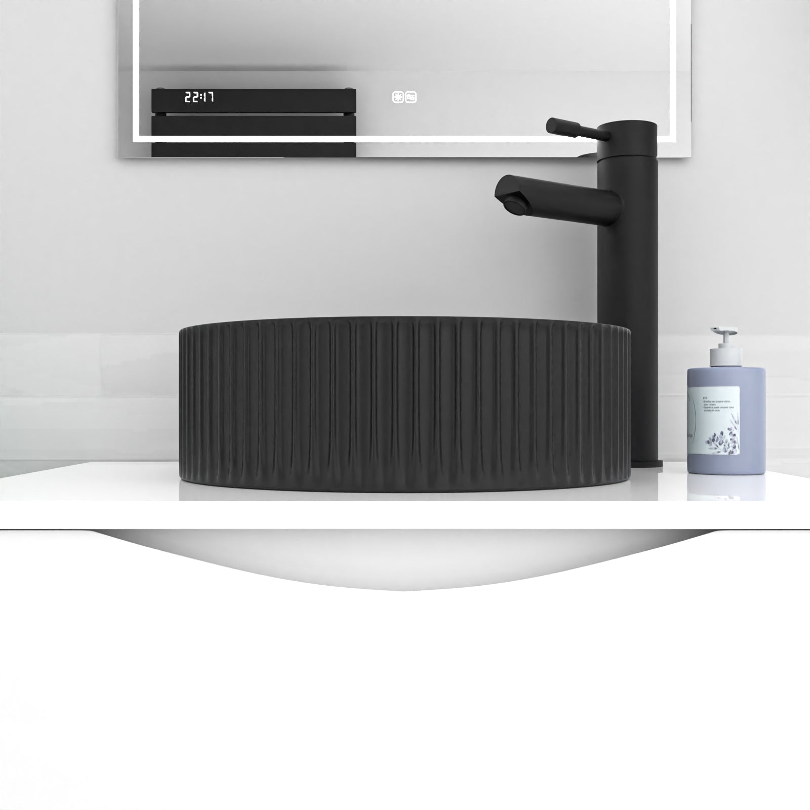 360mm Fluted Round Countertop Sink Matte Black