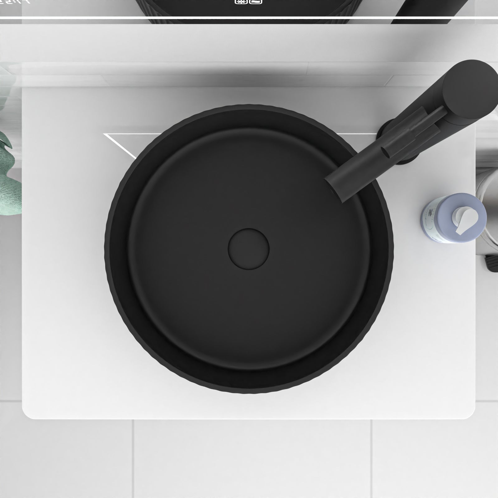 360mm Fluted Round Countertop Sink Matte Black