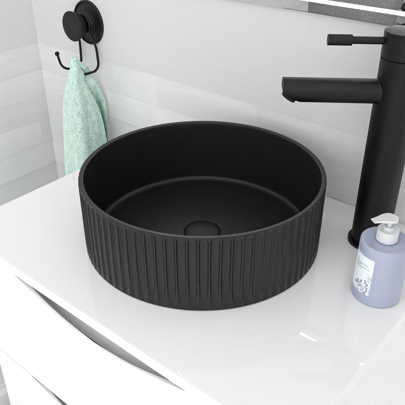 360mm Fluted Round Countertop Sink Matte Black