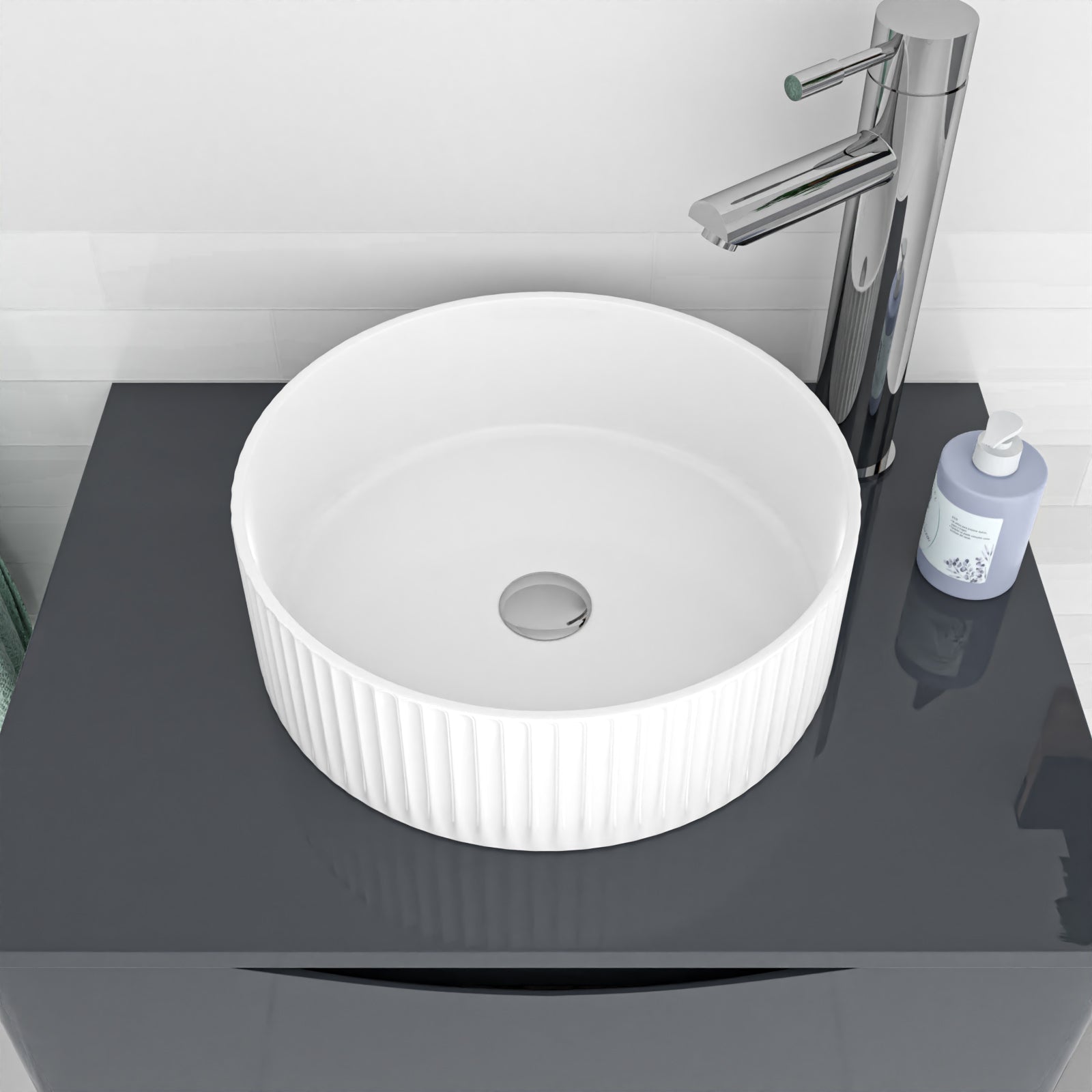 360mm Fluted Round Countertop Sink Gloss White