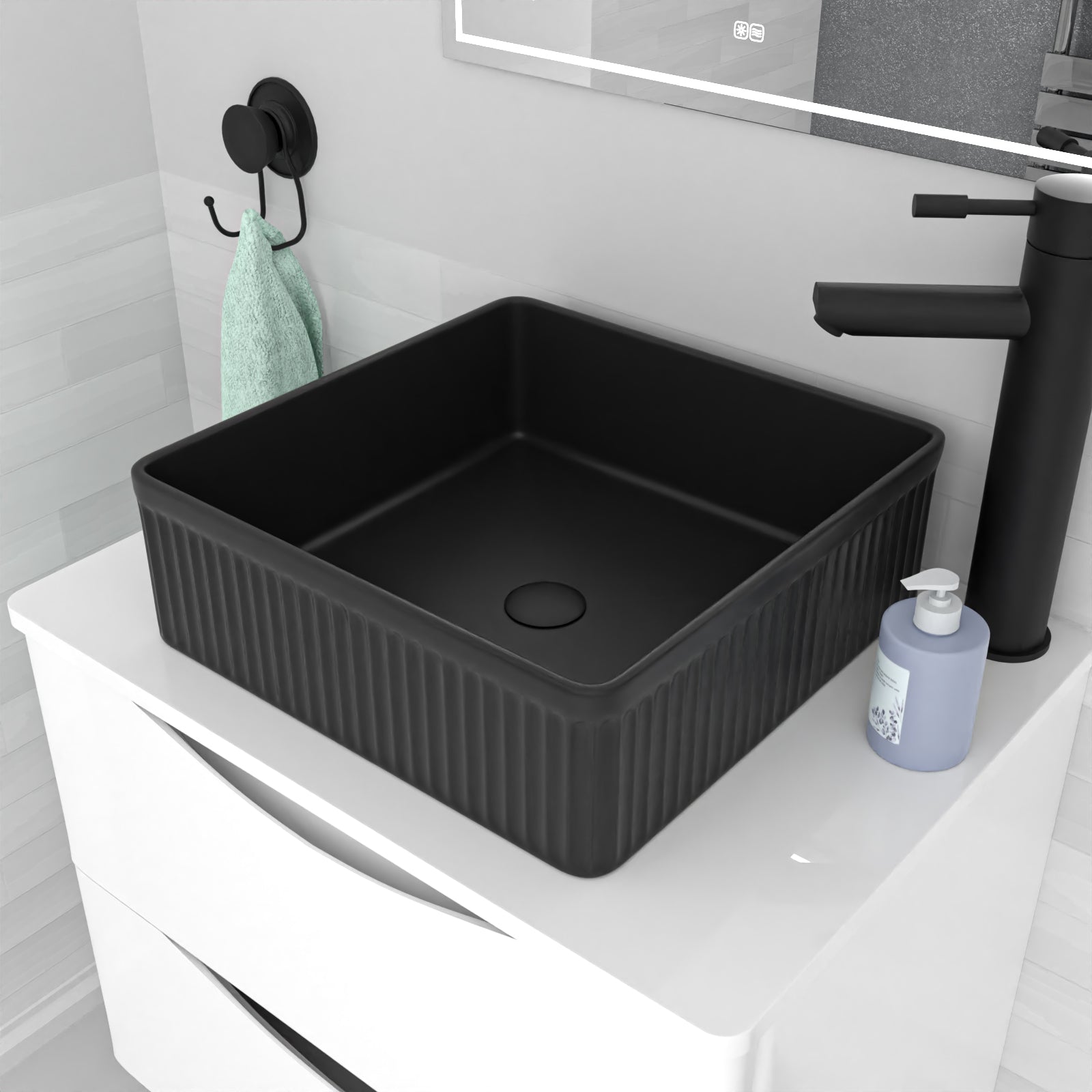 360mm Fluted Square Countertop Sink Matte Black