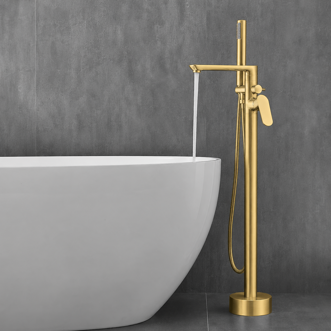 Modern Brushed Brass Freestanding Bath Shower Mixer Tap with Round Handheld Kit