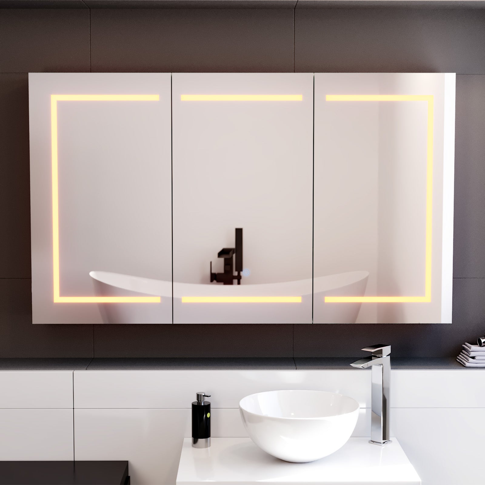 1200mm LED 3 Doors White Bathroom Mirror Cabinet Battery Powered