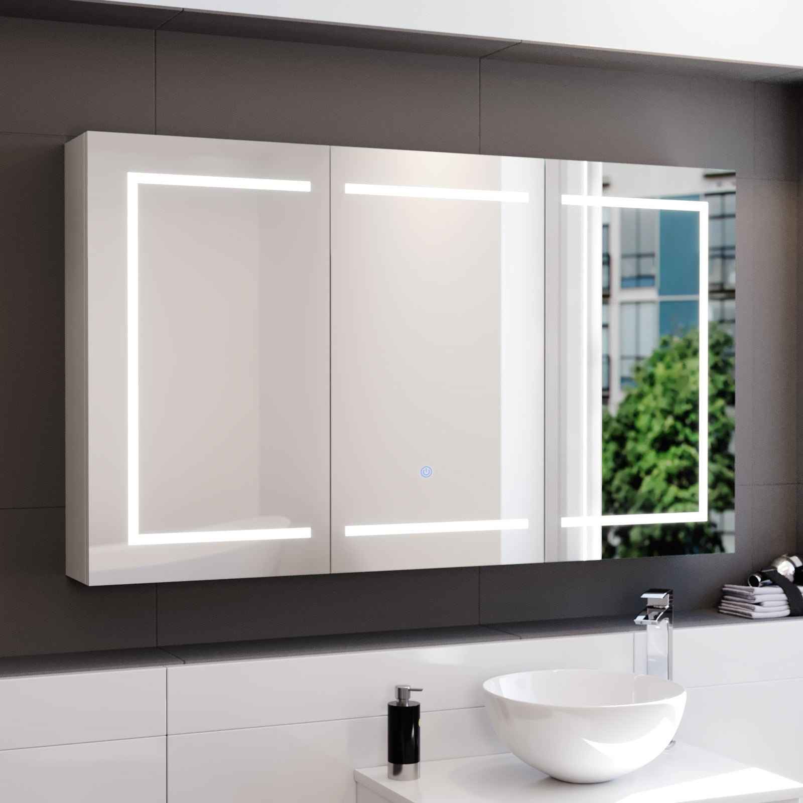 1200mm LED 3 Doors White Bathroom Mirror Cabinet Battery Powered