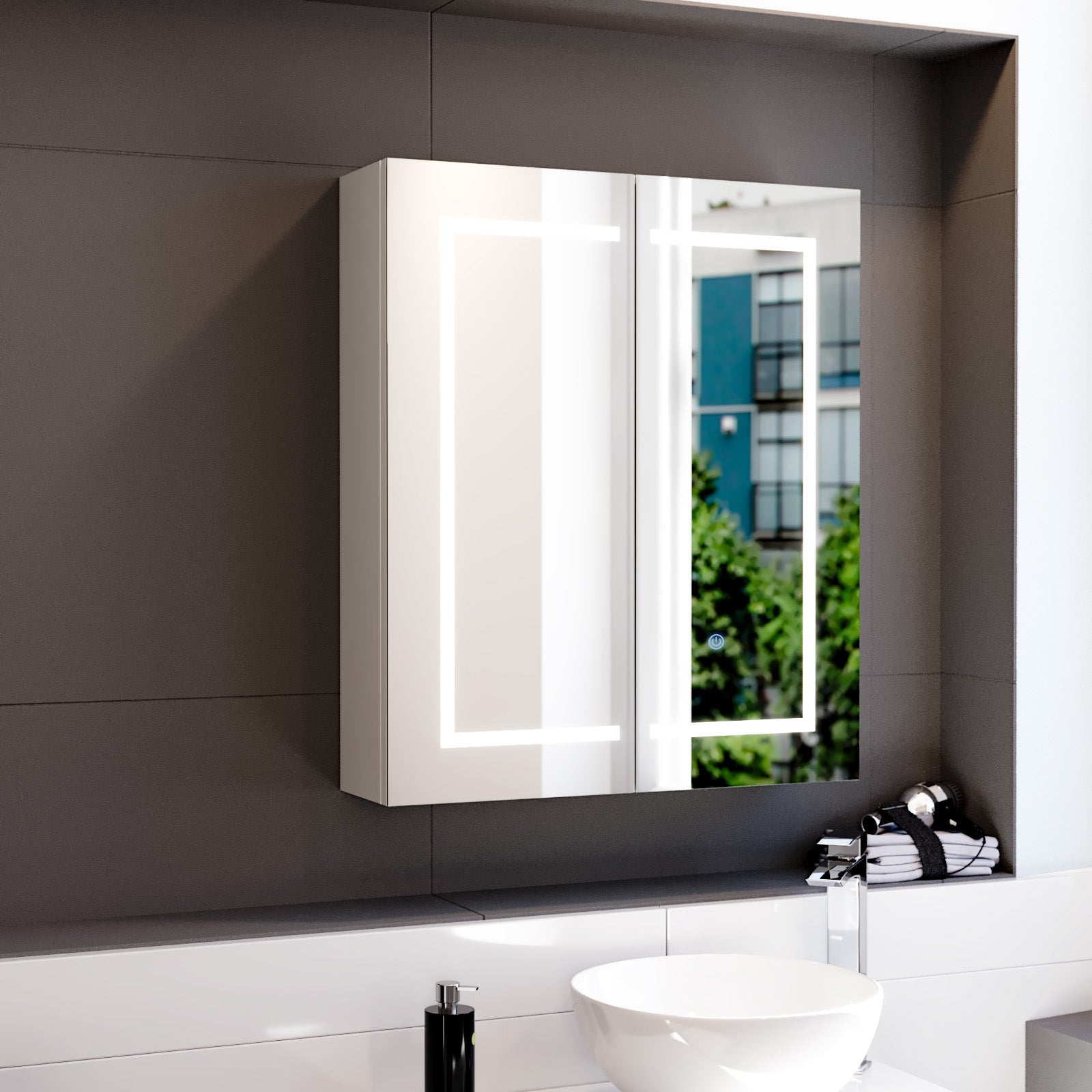 600mm LED 2 Doors White Bathroom Mirror Cabinet Battery Powered