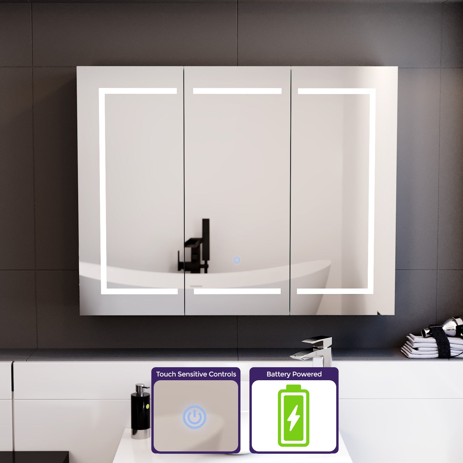 Bathroom mirror with LED lights and touch-sensitive controls on a white cabinet.