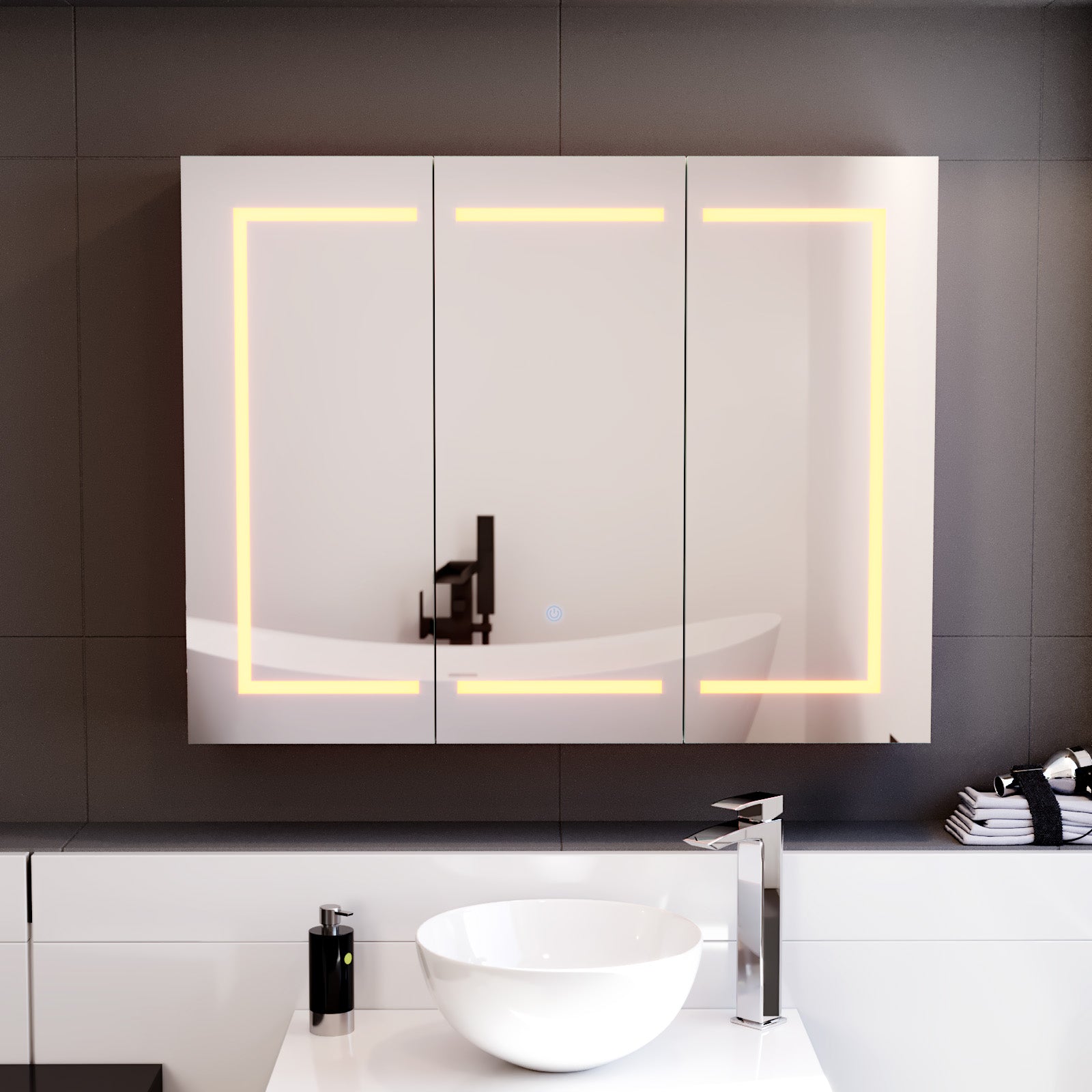 Modern bathroom with a large illuminated mirror above a sink.