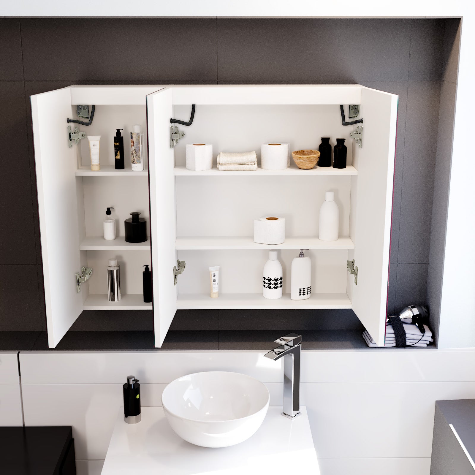 Bathroom with open cabinet displaying toiletries, sink, and faucet.