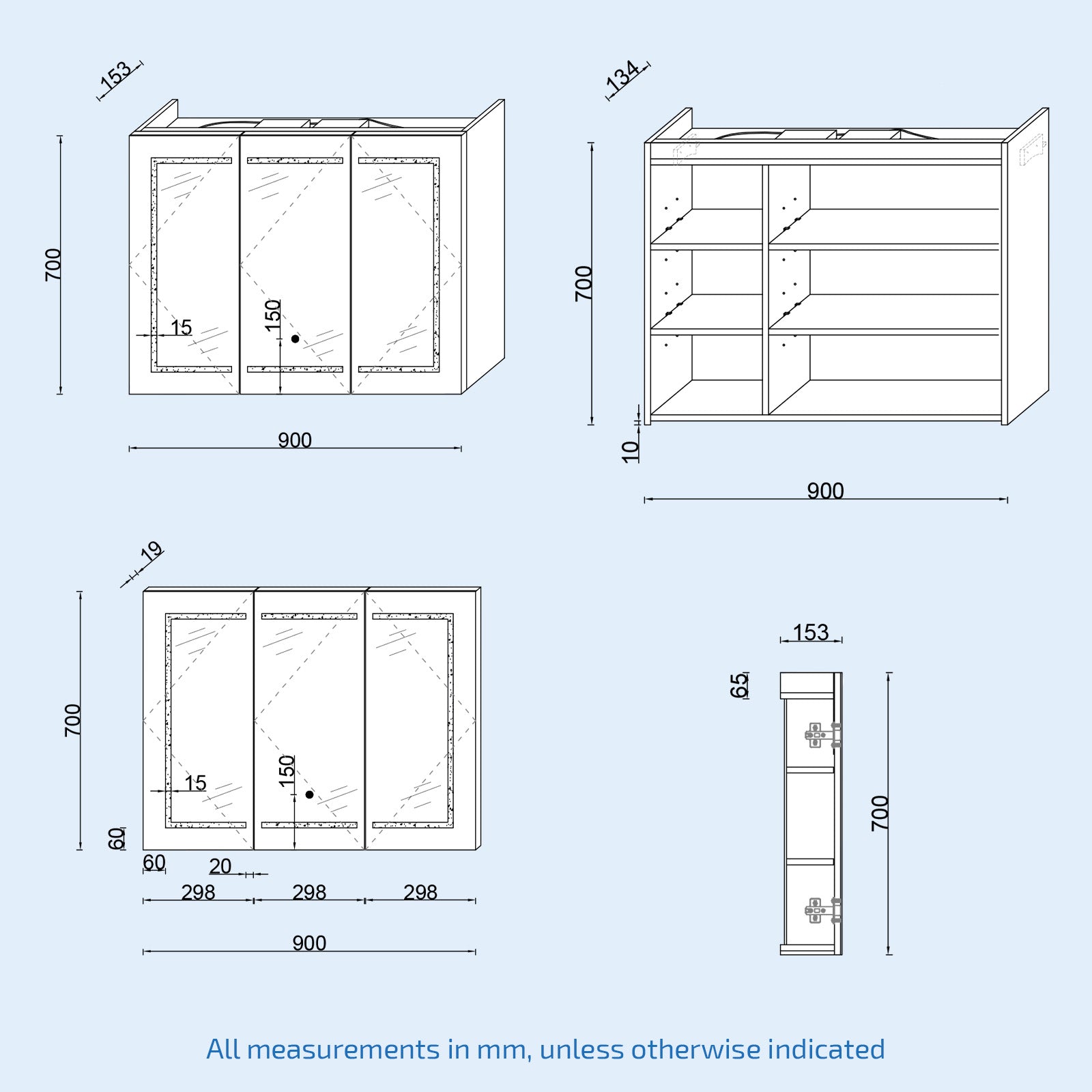 Technical drawings/blueprint of bathroom cabinets with dimensions on a light blue background