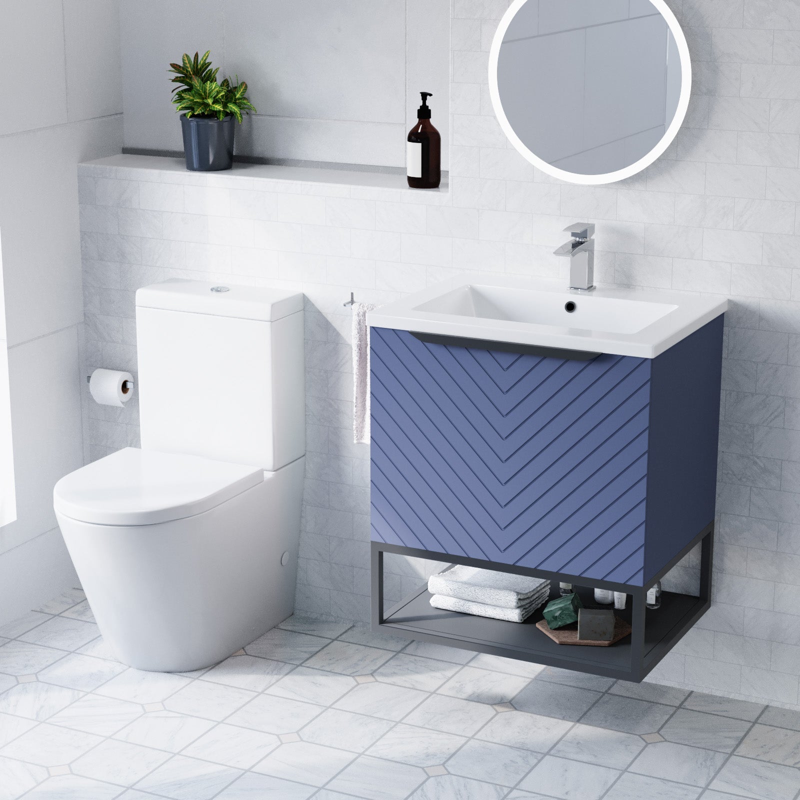 Roxy Blue 600mm Basin Vanity With Black Frame & Close Coupled Toilet
