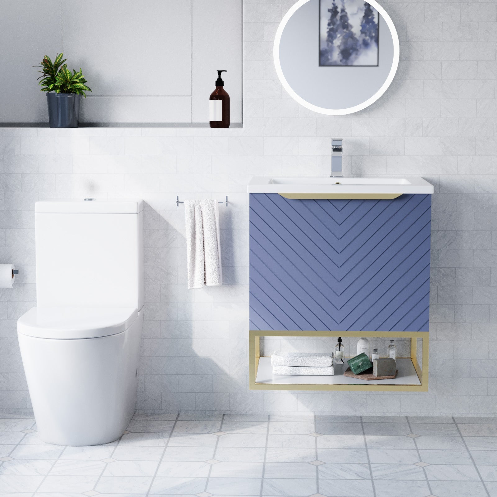 Roxy Blue 600mm Wall Hung Basin Vanity Brushed Brass Frame Handle & Toilet