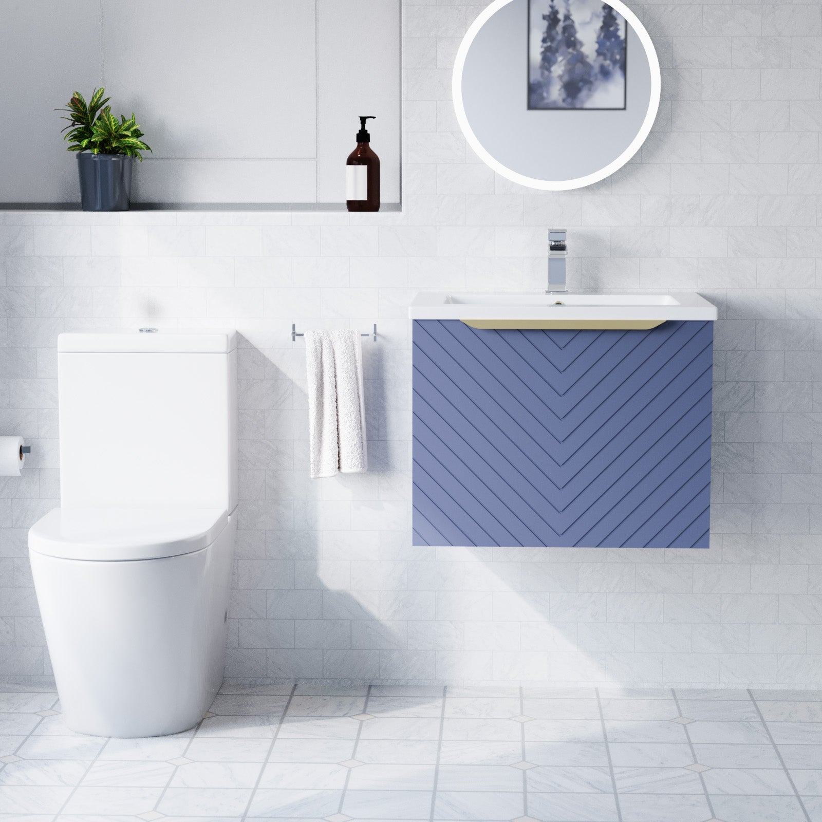 Roxy Blue 600mm Wall Hung Basin Vanity With Handle & Closed Coupled Toilet