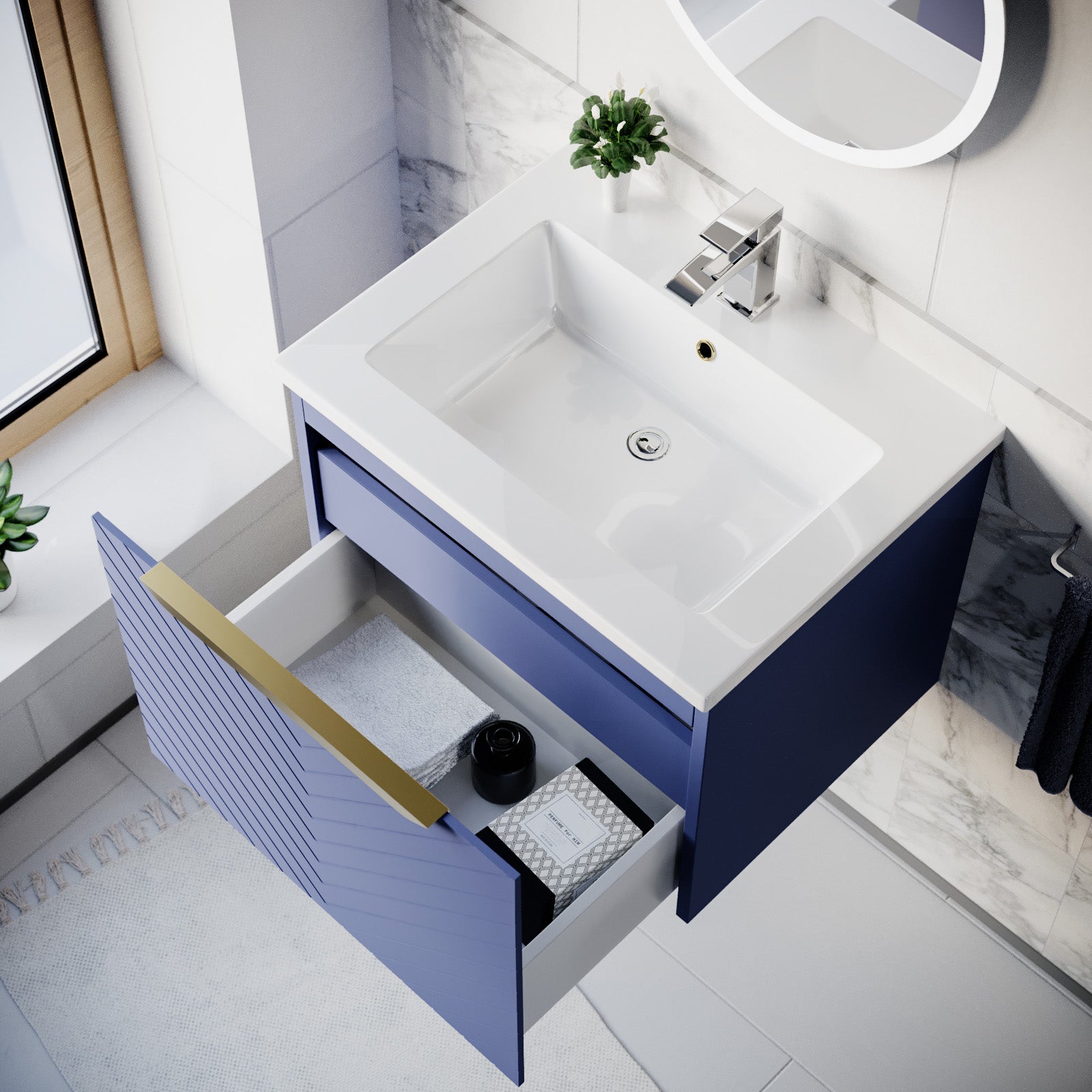 Roxy Blue 600mm Wall Hung Basin Vanity With Handle & Closed Coupled Toilet