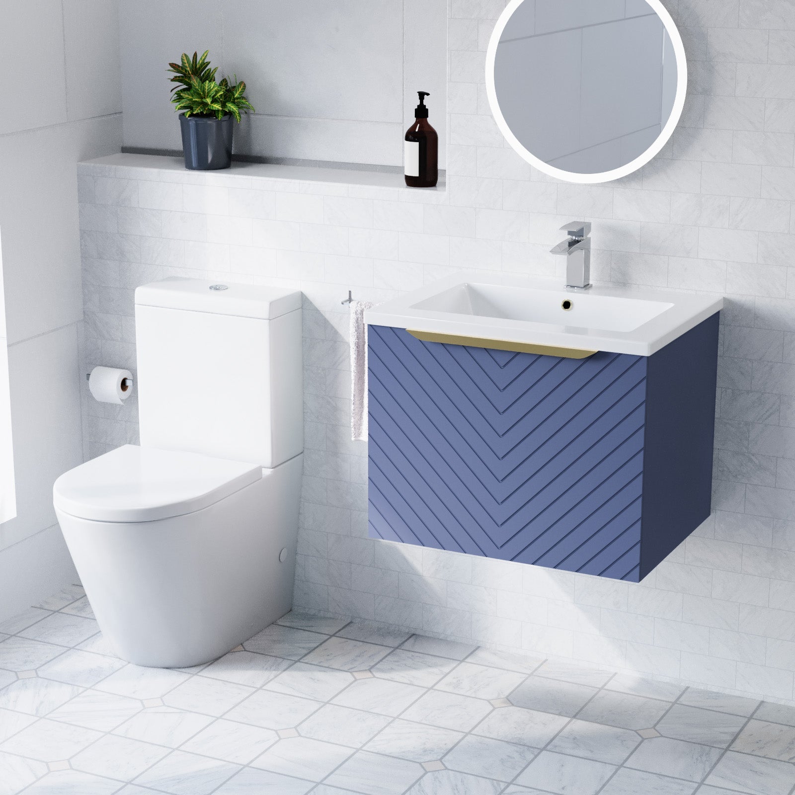 Roxy Blue 600mm Wall Hung Basin Vanity With Handle & Closed Coupled Toilet