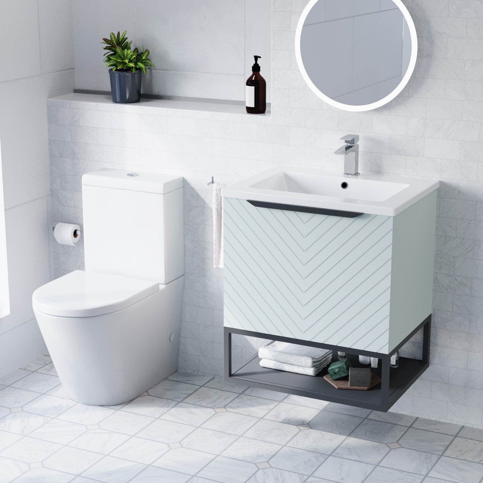 Roxy Green 600mm Basin Vanity With Black Frame & Close Coupled Toilet