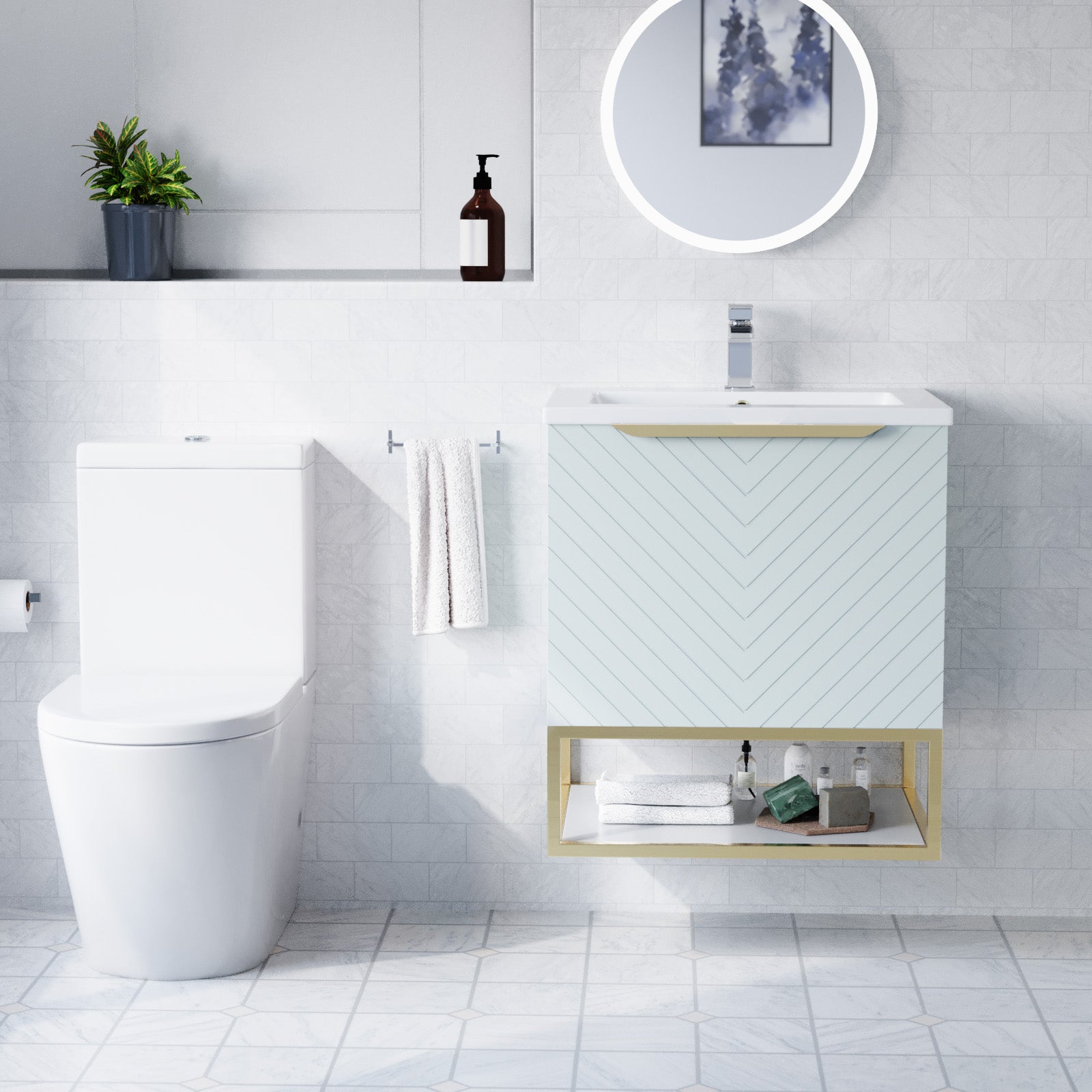 Roxy Green 600mm Basin Vanity Brushed Brass Frame & Close Coupled Toilet