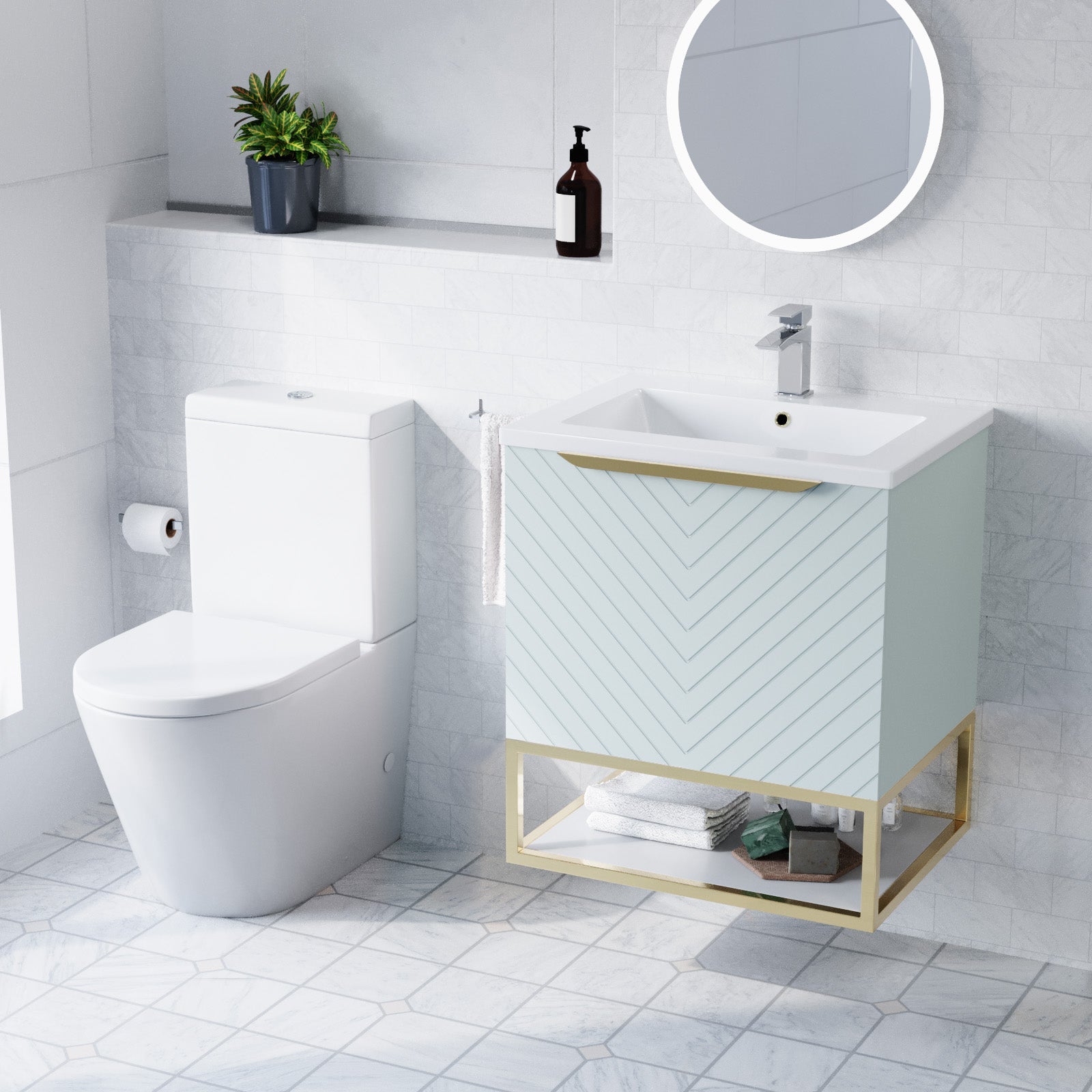 Roxy Green 600mm Basin Vanity Brushed Brass Frame & Close Coupled Toilet