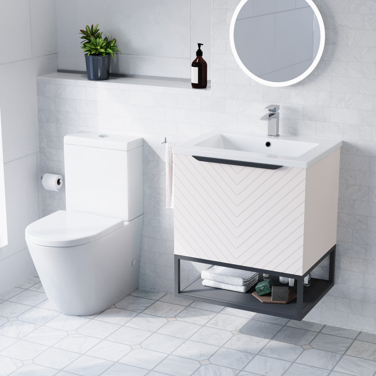 Roxy Pink 600mm Basin Vanity With Black Frame & Close Coupled Toilet