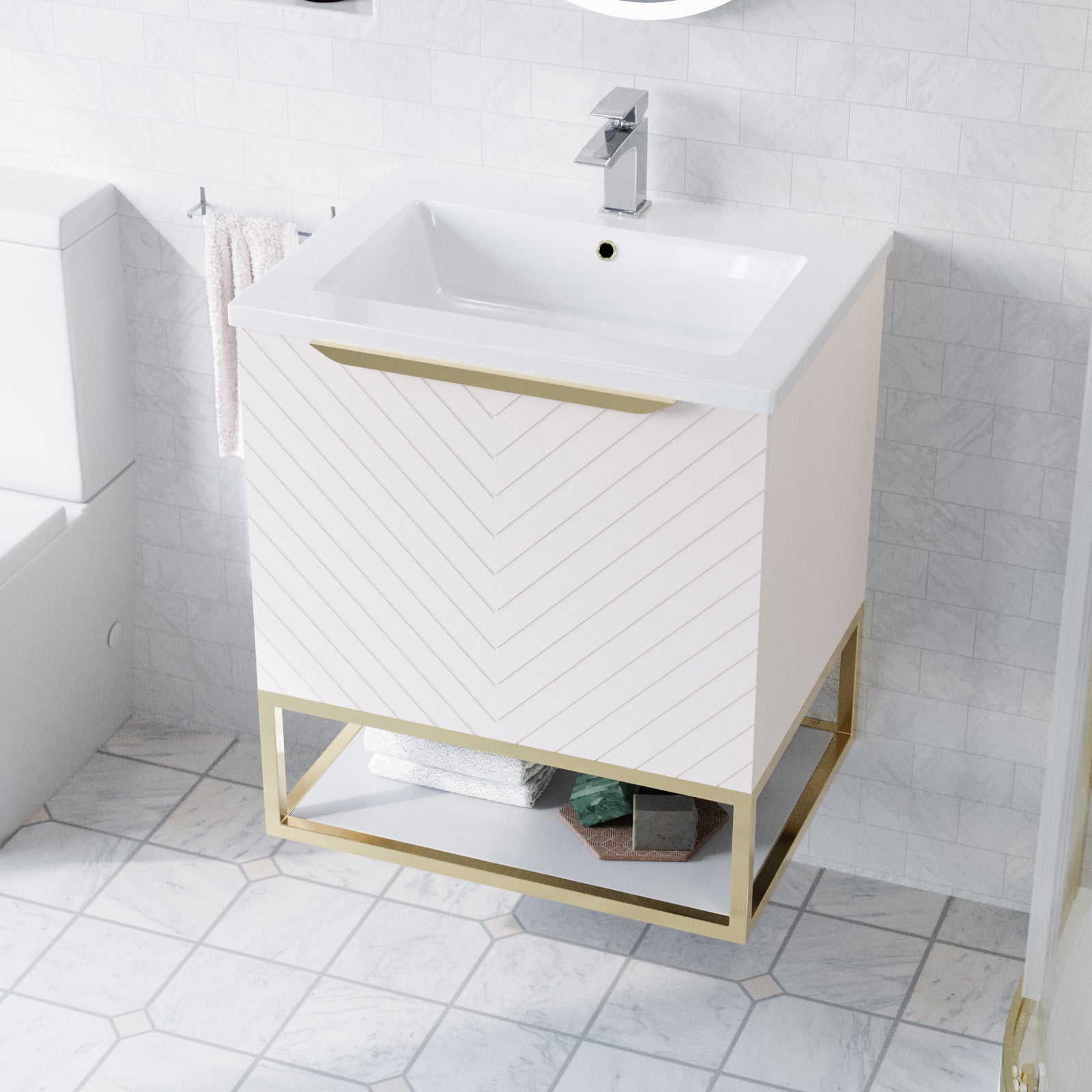 Roxy Pink 600mm Wall Hung Basin Vanity Brushed Brass Frame Handle & Closed Coupled Toilet