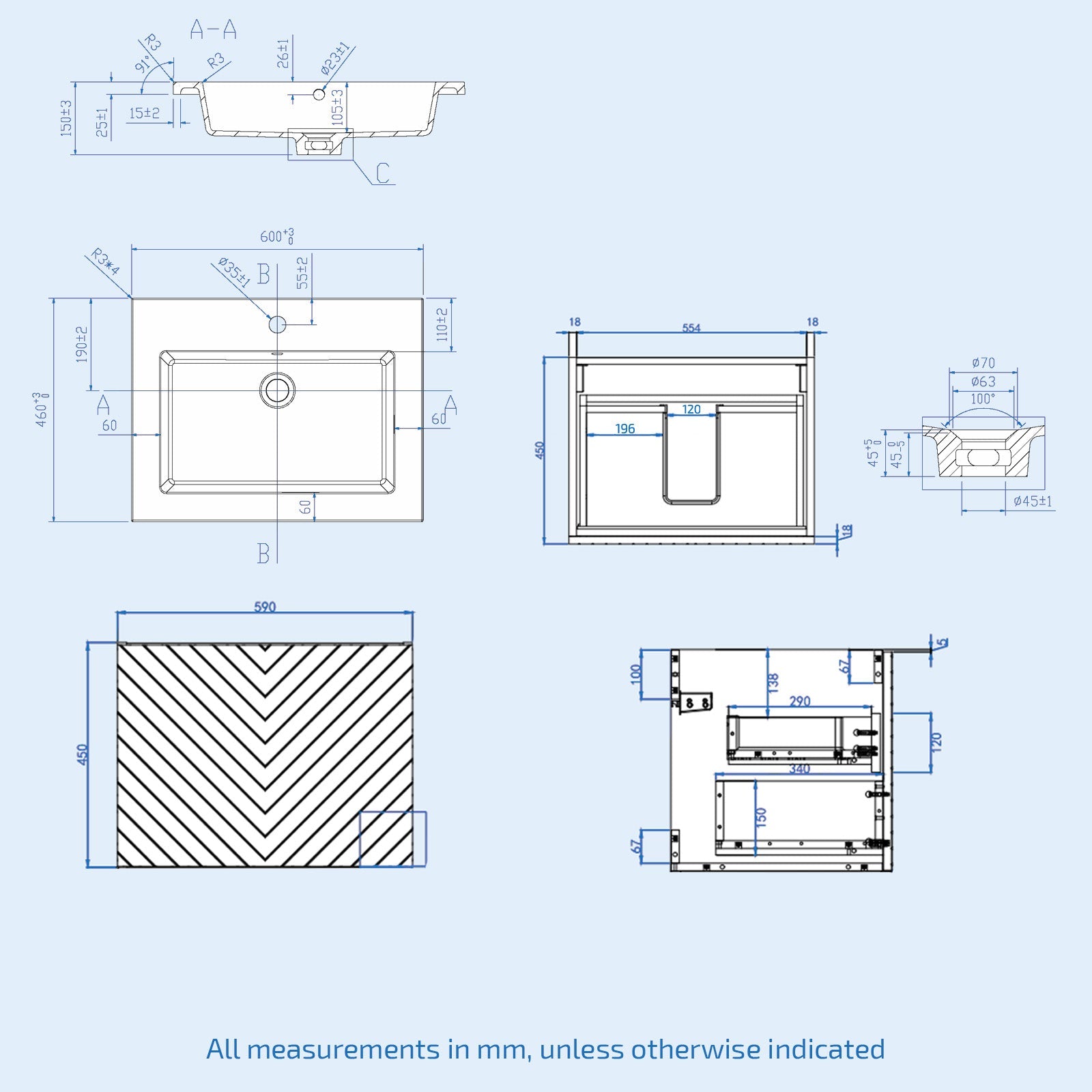 Roxy Blue 600mm Wall Hung Basin Vanity With Handle & Closed Coupled Toilet