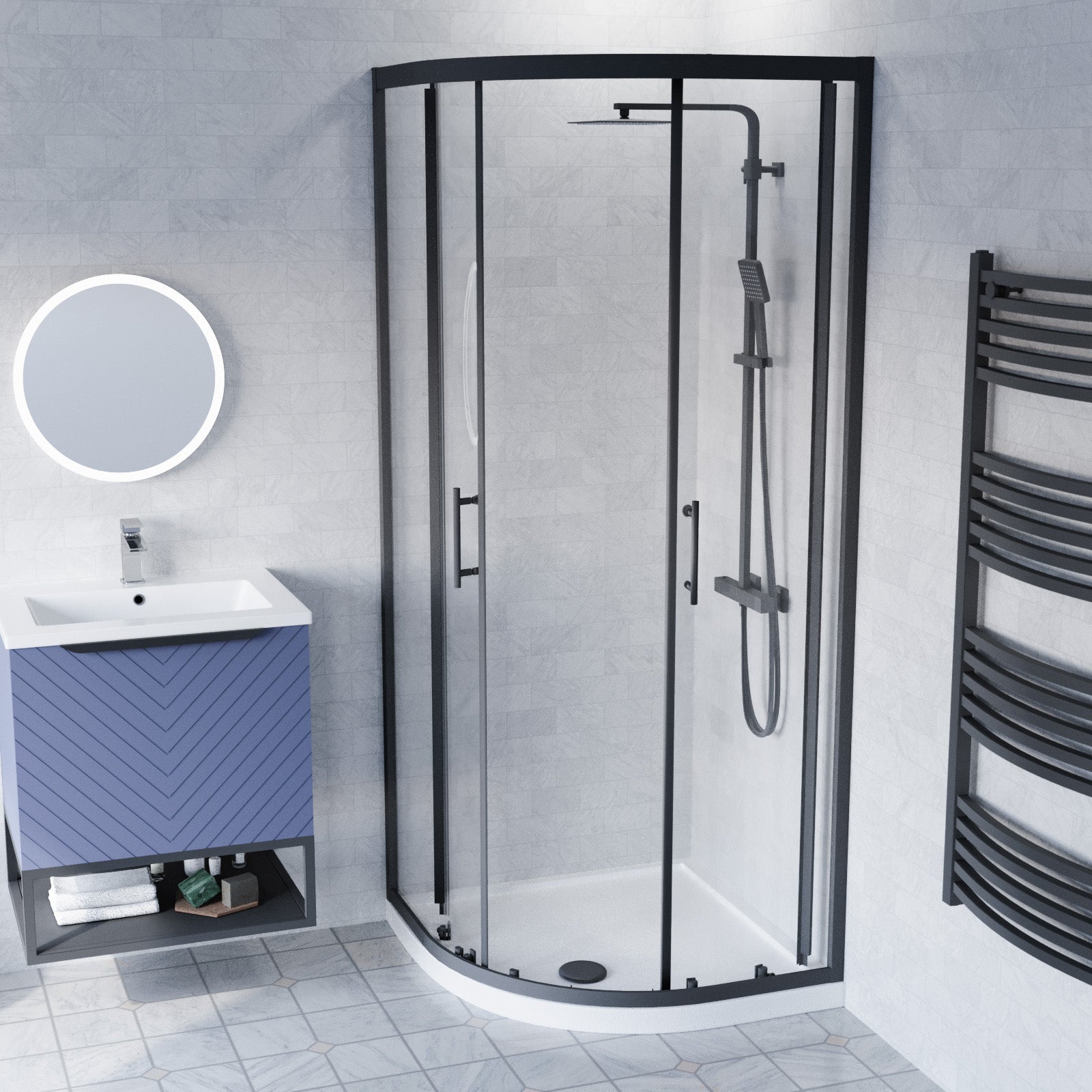 Roxy 600mm Basin Vanity With Black Quadrant Shower Enclosure & Toilet