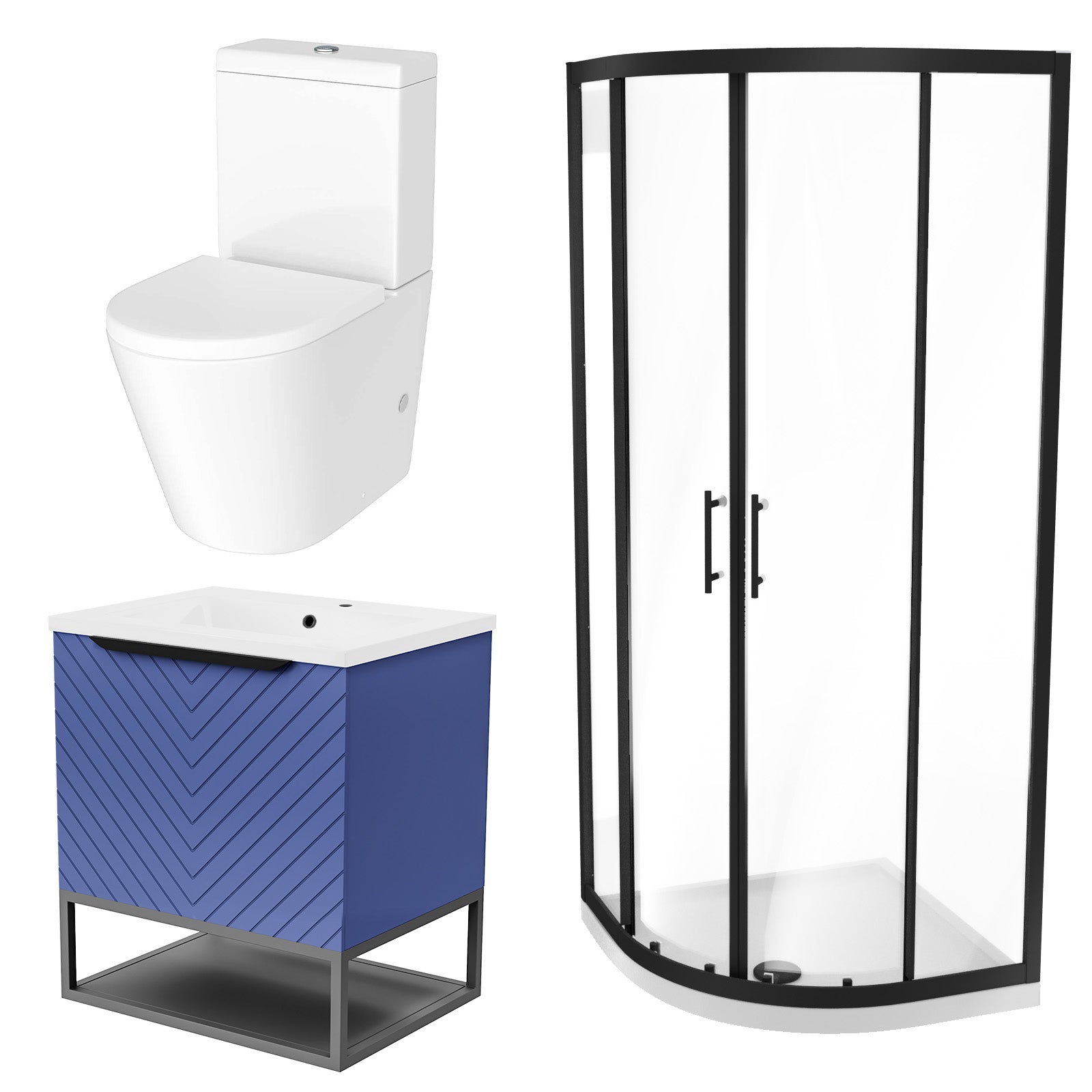 Roxy Blue 600mm Basin Vanity With Black Quadrant Shower Enclosure & Toilet