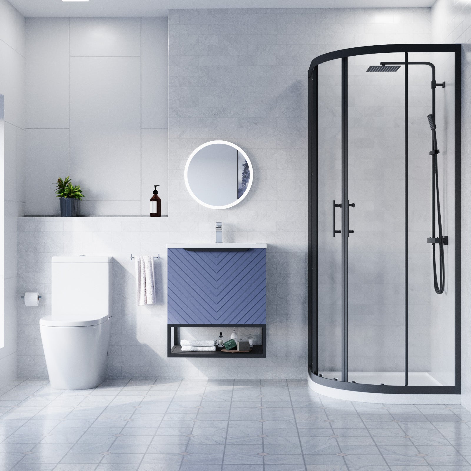 Roxy 600mm Basin Vanity With Black Quadrant Shower Enclosure & Toilet