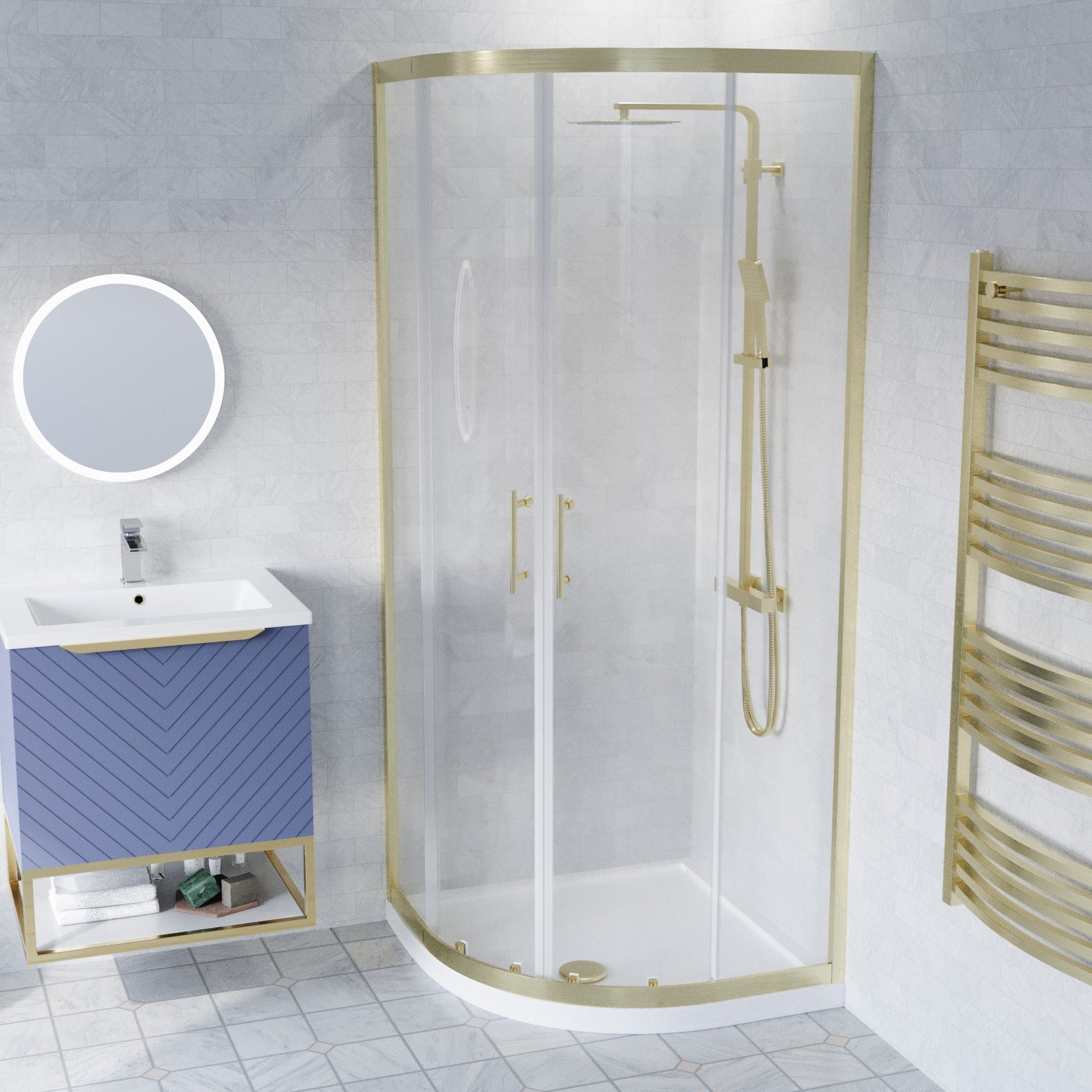 Roxy Blue 800mm Basin Vanity, Brushed Brass Quadrant Shower & Toilet