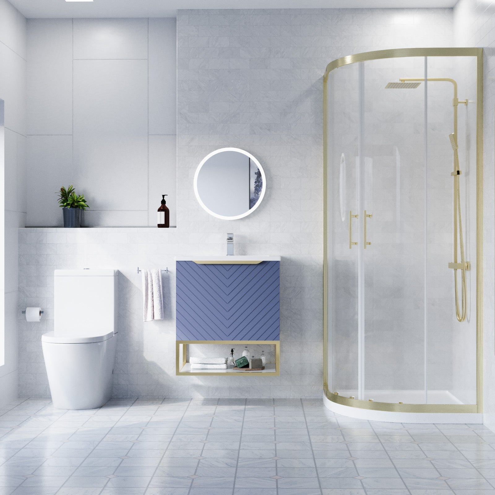 Roxy Blue 600mm Basin Vanity, Brushed Brass Quadrant Shower & Toilet