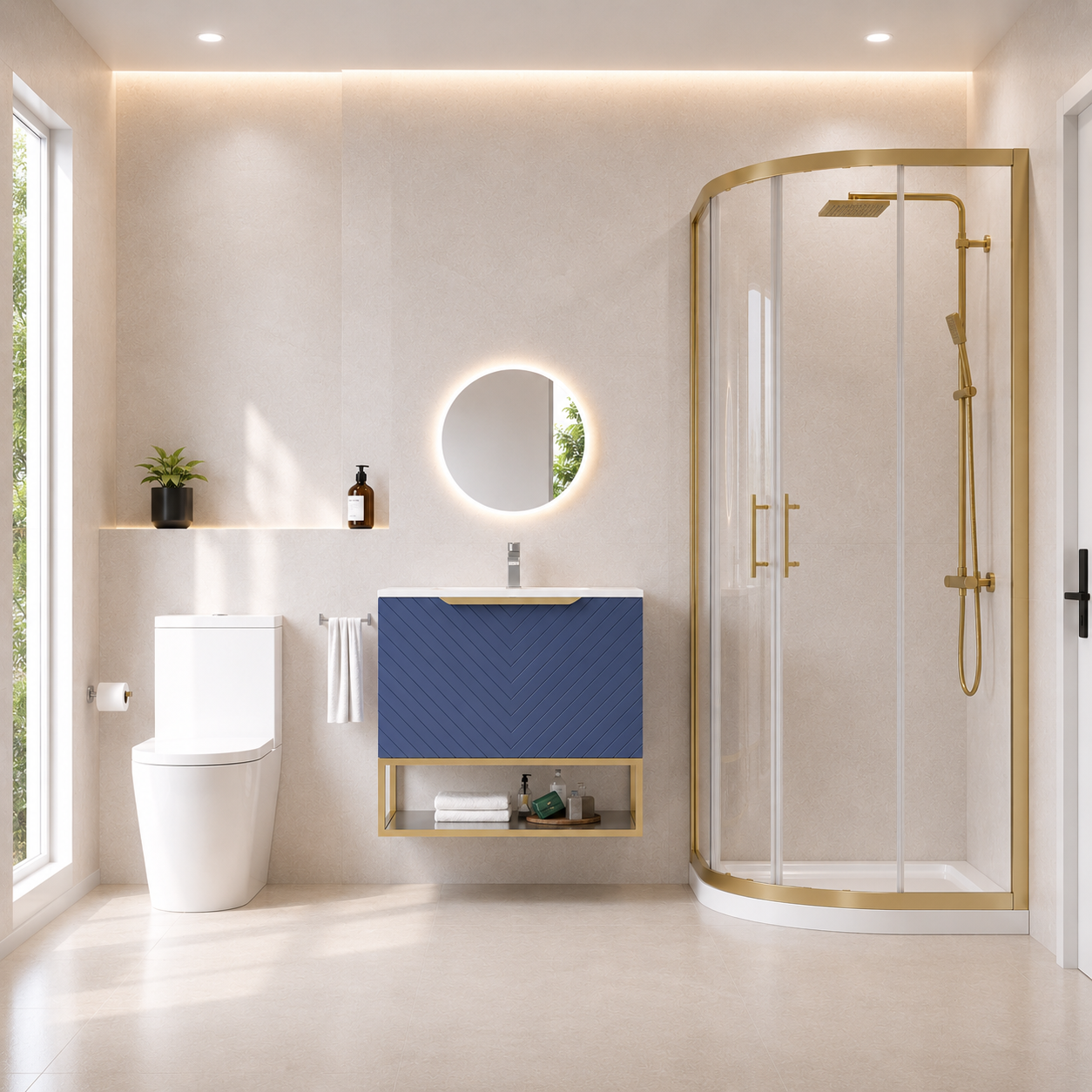 Roxy Blue 800mm Basin Vanity, Brushed Brass Quadrant Shower & Toilet