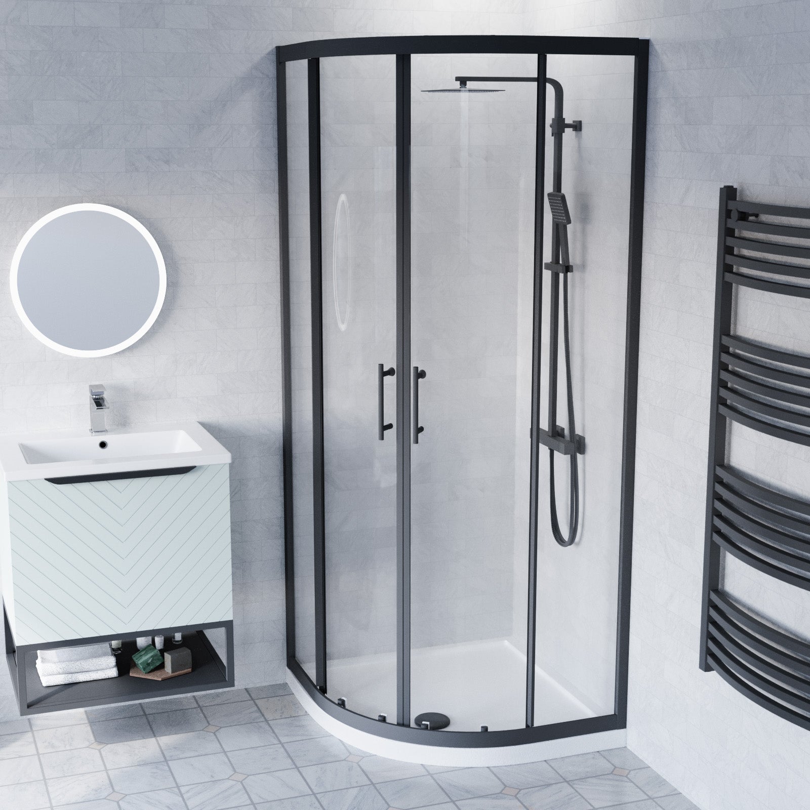Roxy 600mm Basin Vanity With Black Quadrant Shower Enclosure & Toilet