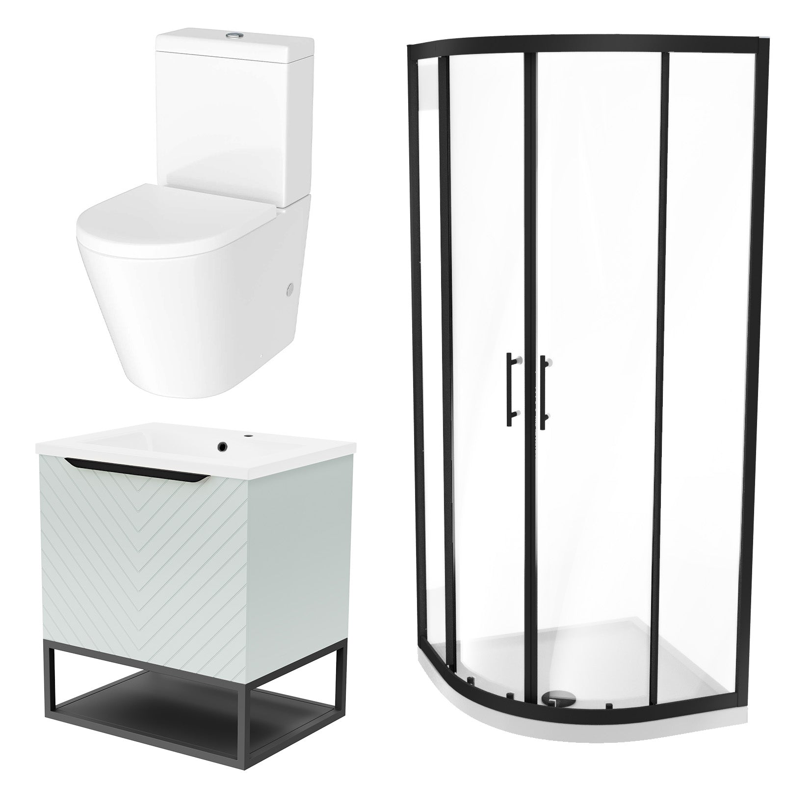 Roxy 600mm Basin Vanity With Black Quadrant Shower Enclosure & Toilet