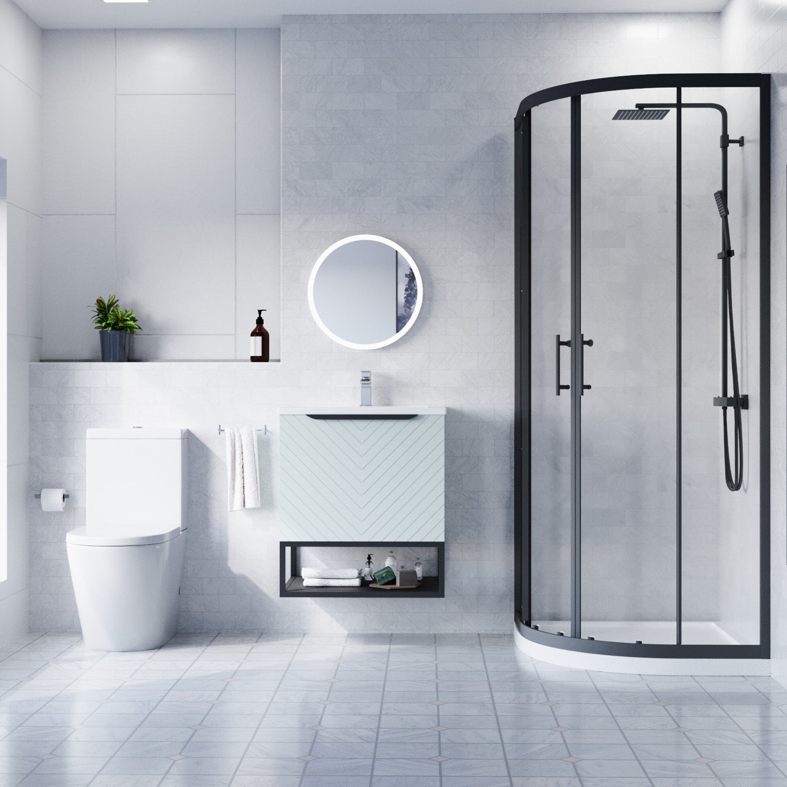 Roxy 600mm Basin Vanity With Black Quadrant Shower Enclosure & Toilet