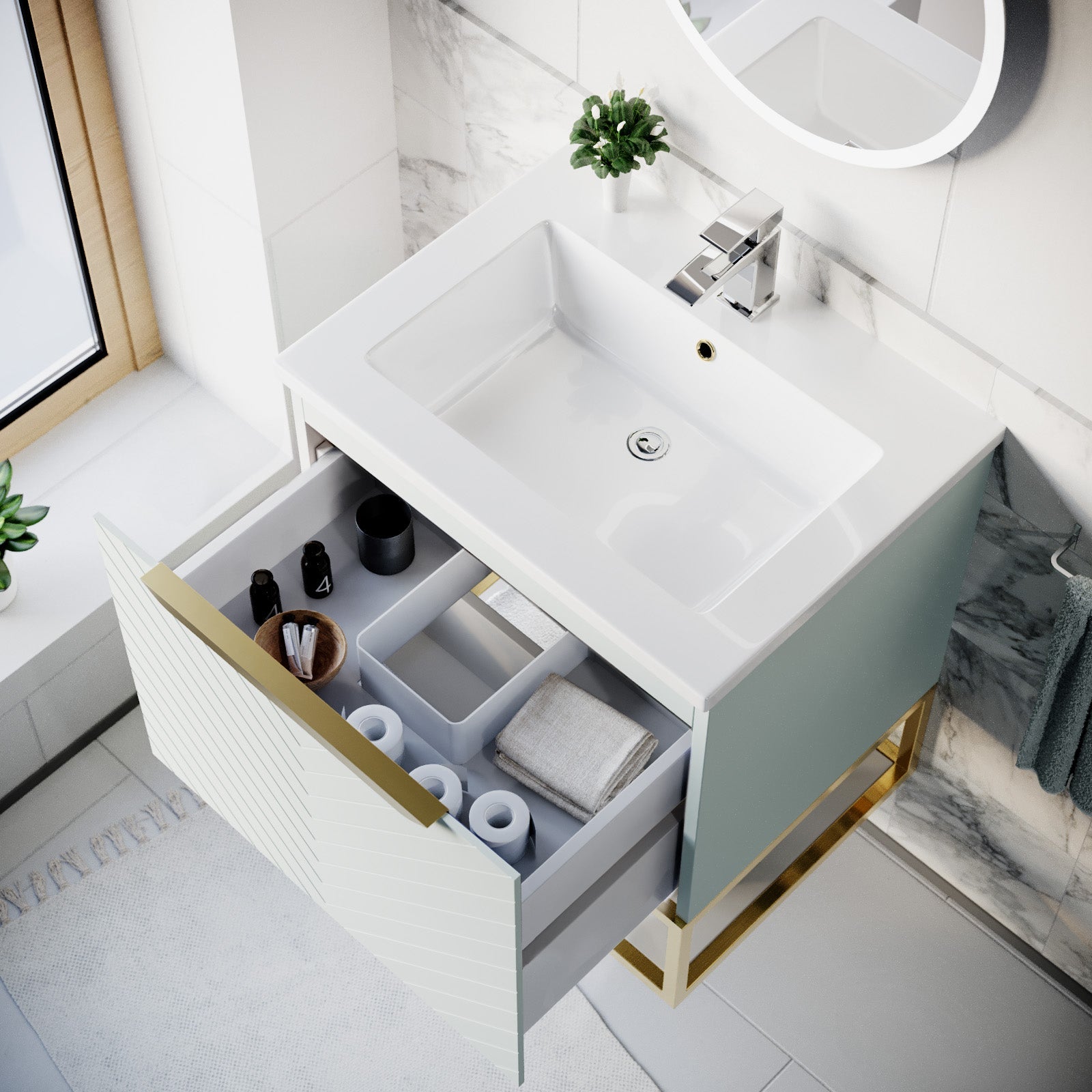 Roxy Green 600mm Basin Vanity, Brushed Brass Quadrant Shower & Toilet