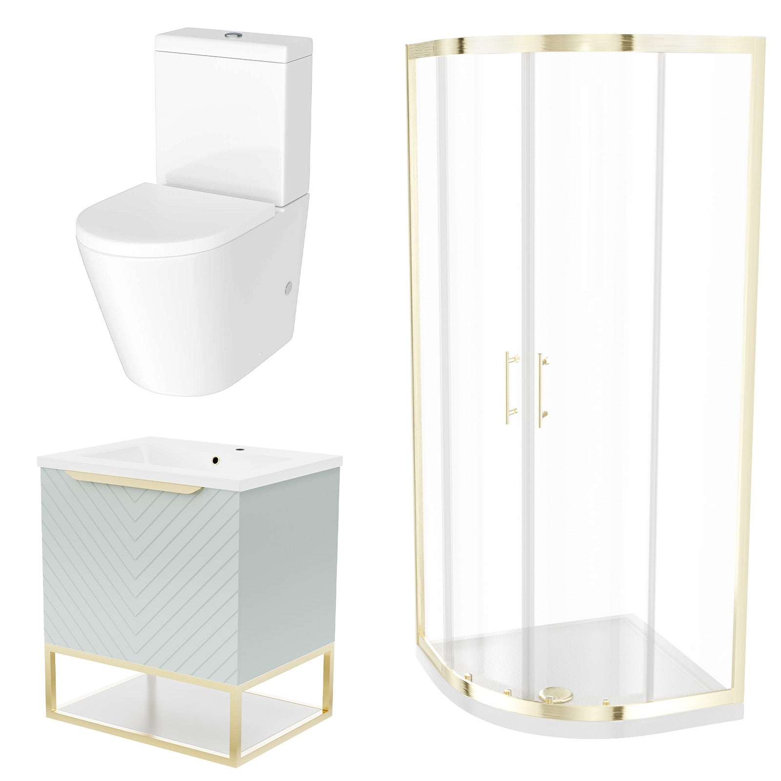 Roxy Green 600mm Basin Vanity, Brushed Brass Quadrant Shower & Toilet