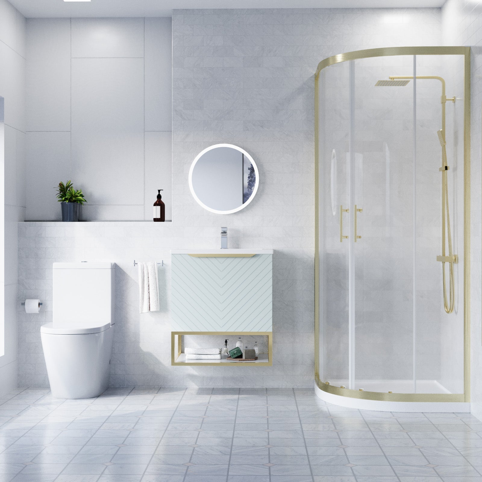 Roxy Green 600mm Basin Vanity, Brushed Brass Quadrant Shower & Toilet