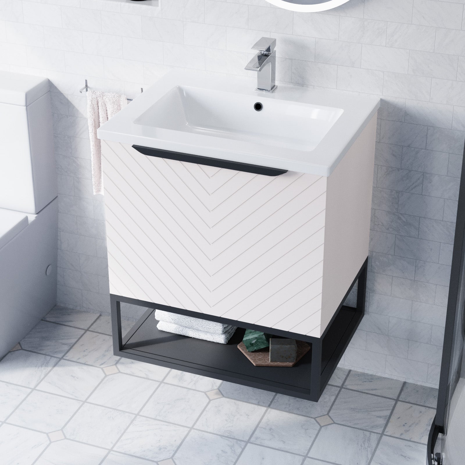 Roxy Pink 600mm Basin Vanity With Black Quadrant Shower Enclosure & Toilet