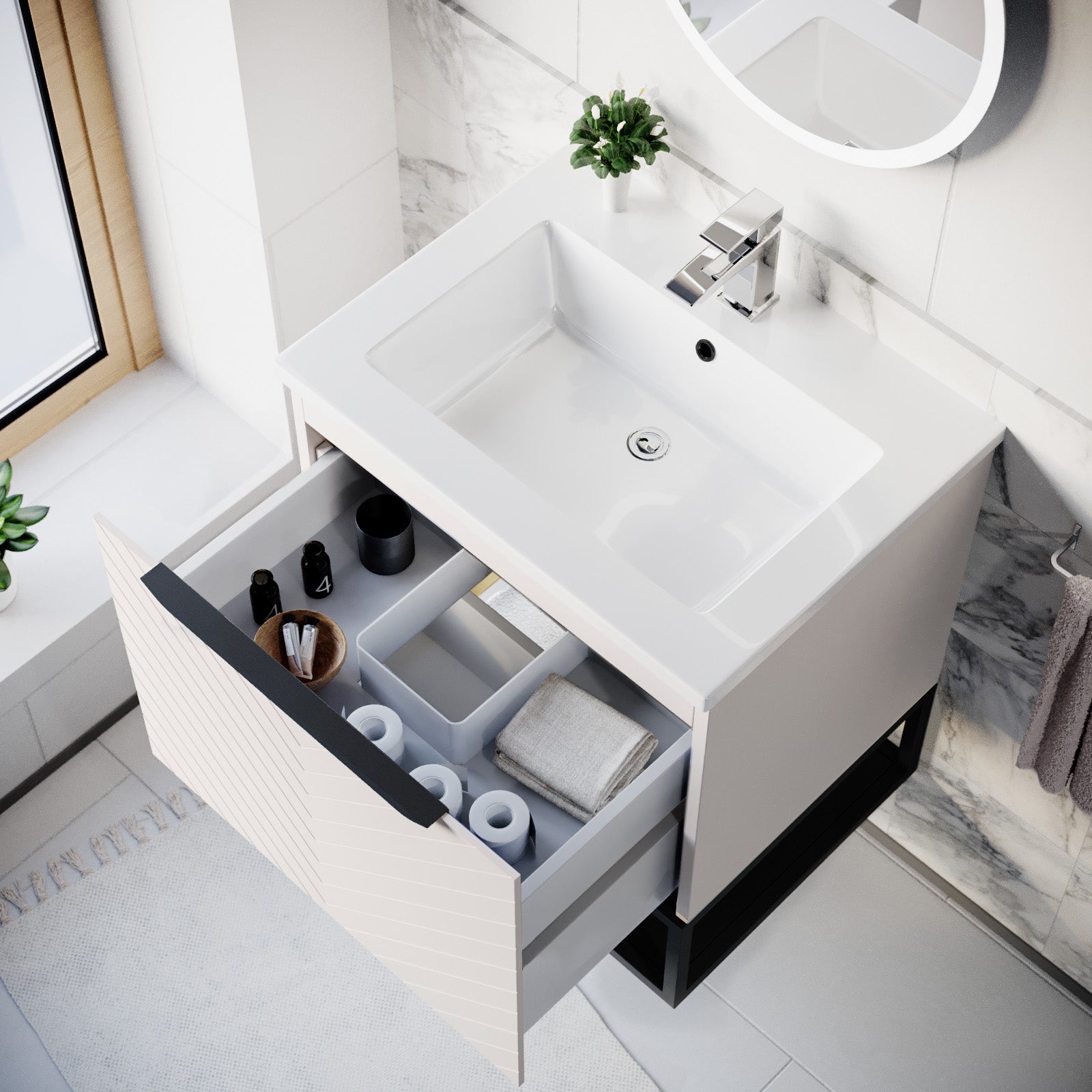 Roxy Pink 600mm Basin Vanity With Black Quadrant Shower Enclosure & Toilet