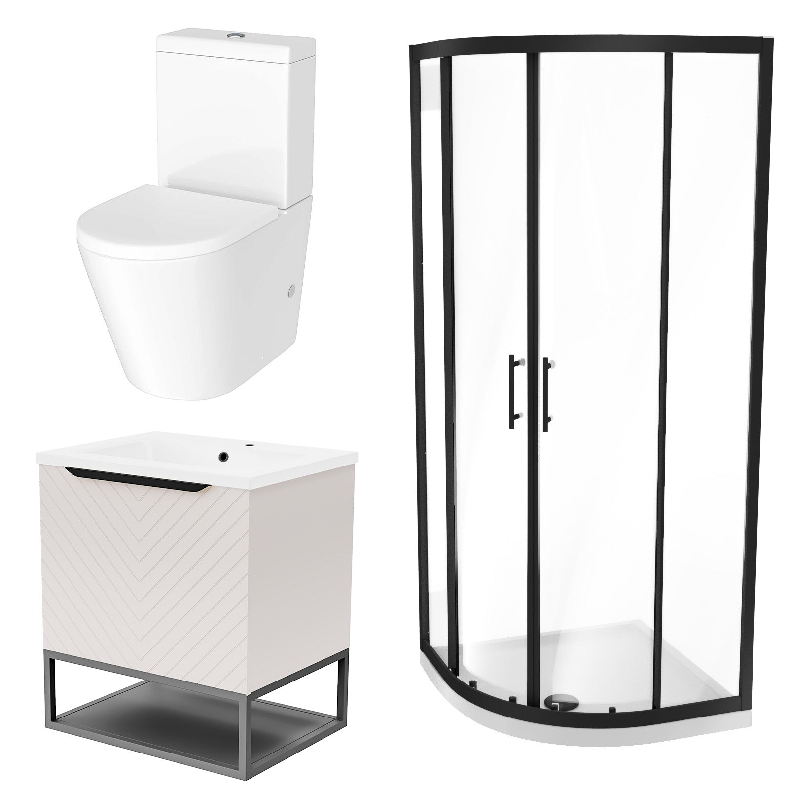 Roxy Pink 600mm Basin Vanity With Black Quadrant Shower Enclosure & Toilet