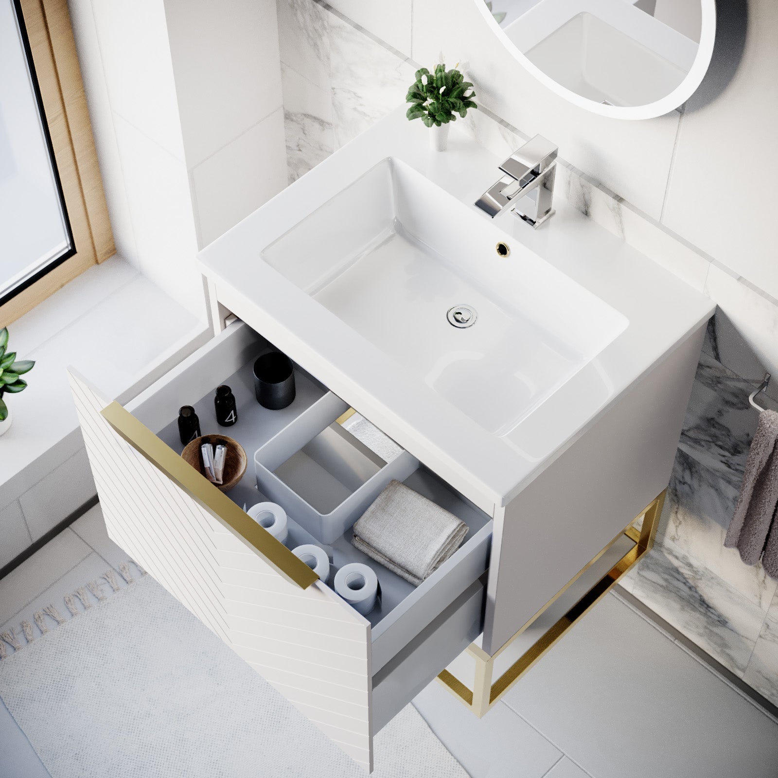 Roxy Pink 600mm Basin Vanity, Brushed Brass Quadrant Shower & Toilet