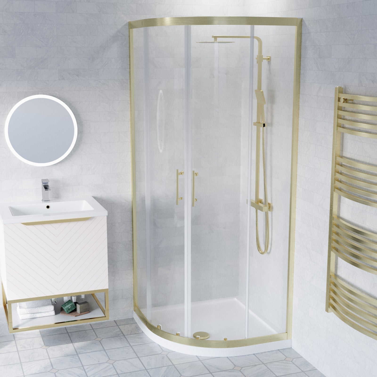 Roxy Pink 600mm Basin Vanity, Brushed Brass Quadrant Shower & Toilet