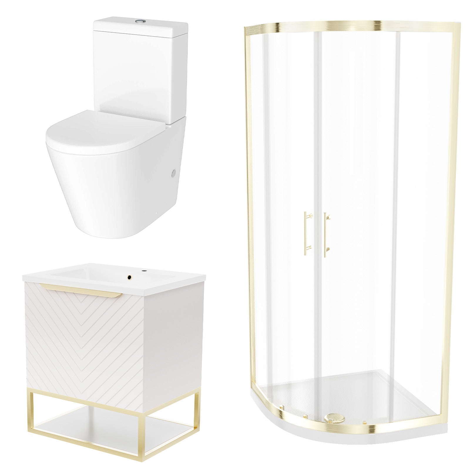 Roxy Pink 600mm Basin Vanity, Brushed Brass Quadrant Shower & Toilet
